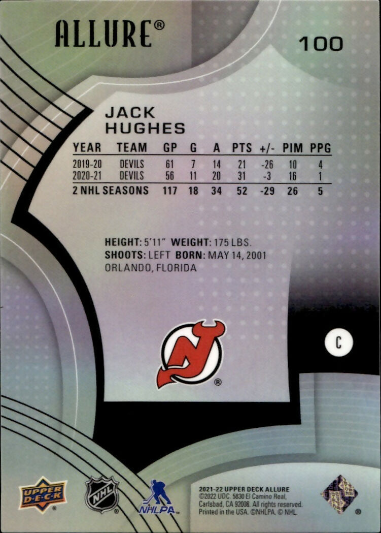 2021-22 Upper Deck Allure Hockey - Base #100 Jack Hughes - New Jersey Devils - B