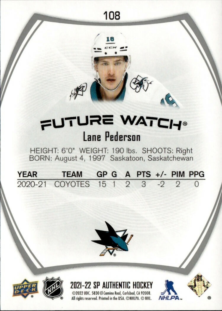 2021-22 Upper Deck SP Authentic Hockey - Base - Future Watch #108 Lane Pederson - San Jose Sharks - B