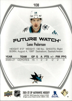 2021-22 Upper Deck SP Authentic Hockey - Base - Future Watch #108 Lane Pederson - San Jose Sharks - B