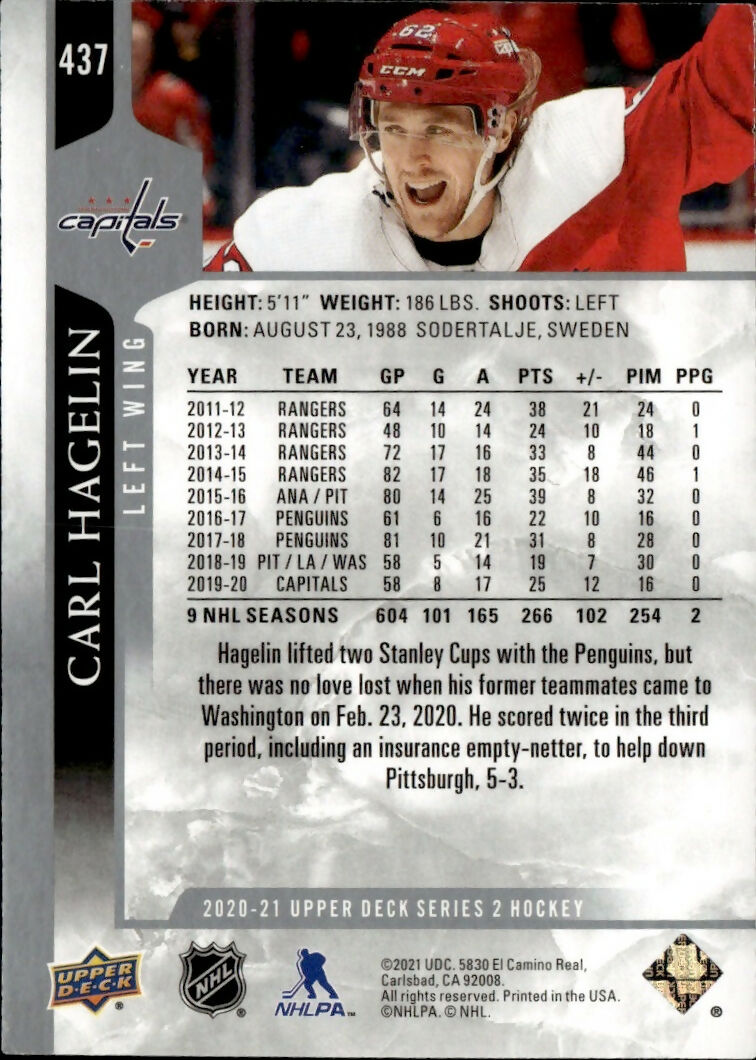 2020-21 Upper Deck Series 2 Hockey - Base #437 Carl Hagelin - Washington Capitals - B