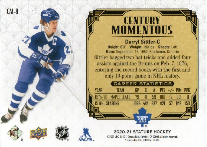 2020-21 Upper Deck Stature - Century Momentous - Green :149 #CM-8 Darryl Sittler - Toronto Maple Leafs - B