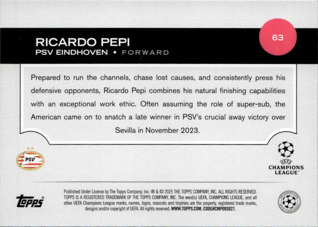 2024-25 Topps UEFA Club Competitions - Base #63 Ricardo Pepi - PSV Eindhoven - B
