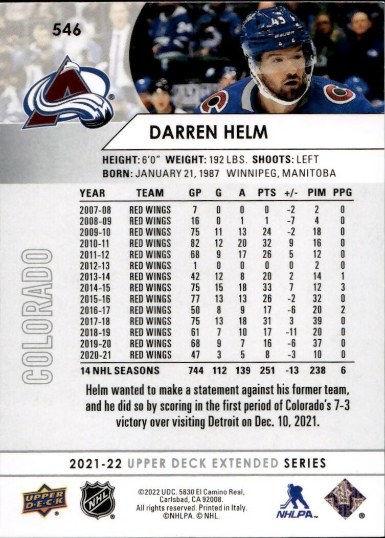 2021-22 Upper Deck Extended Series Hockey - Base #546 Darren Helm - Colorado Avalanche - B