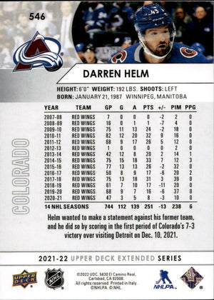 2021-22 Upper Deck Extended Series Hockey - Base #546 Darren Helm - Colorado Avalanche - B