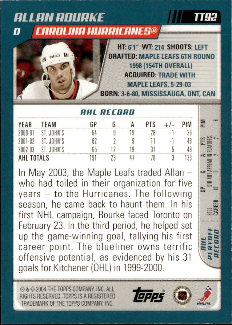 2003-04 Topps Traded - Base - Blue :500 #TT92 Allan Rourke - Carolina Hurricanes - B
