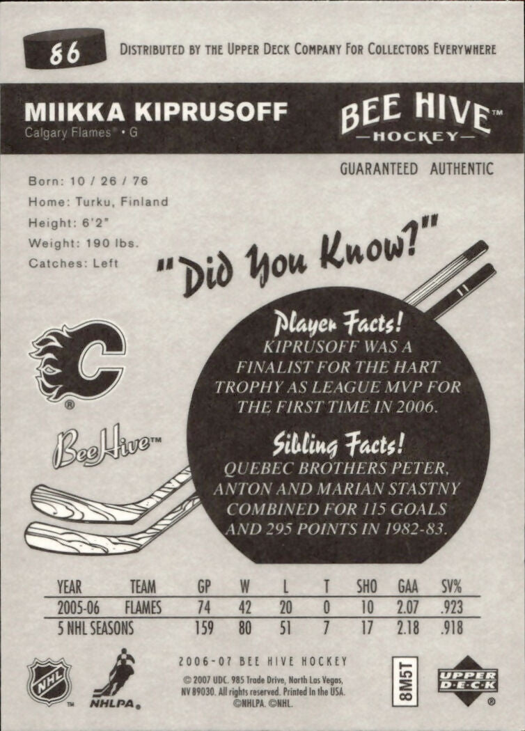 2006-07 Upper Deck - Bee Hive Hockey - Base #86 Miikka Kiprusoff - Calgary Flames - B