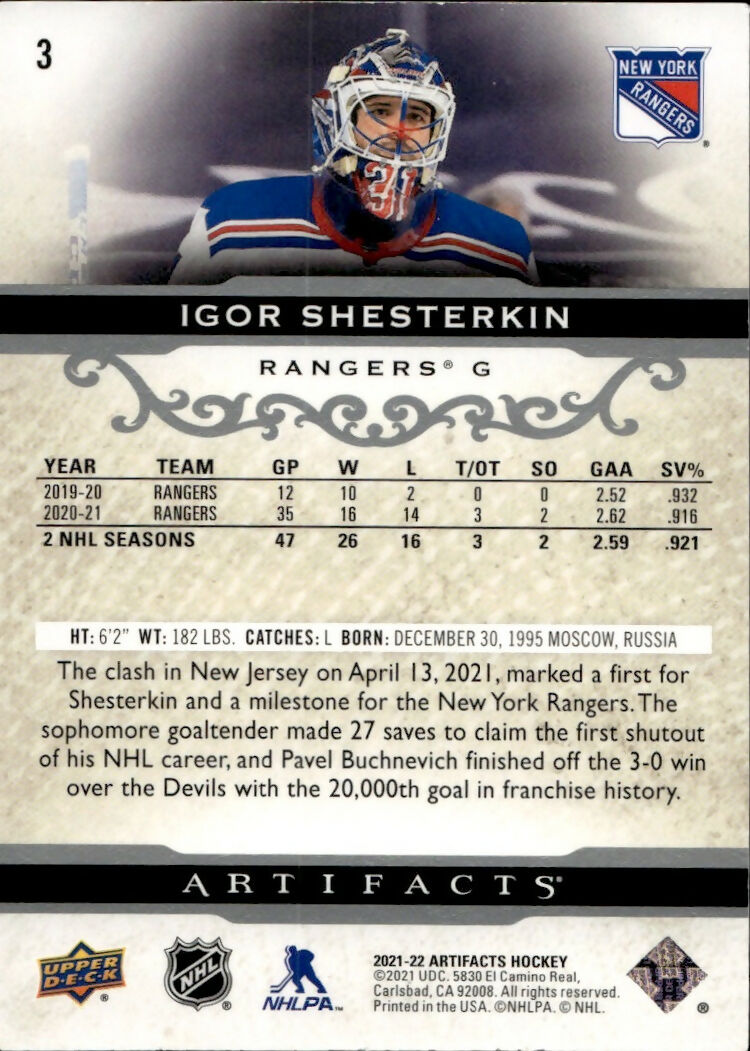 2021-22 Upper Deck Artifacts Hockey - Base #3 Igor Shesterkin - New York Rangers - B