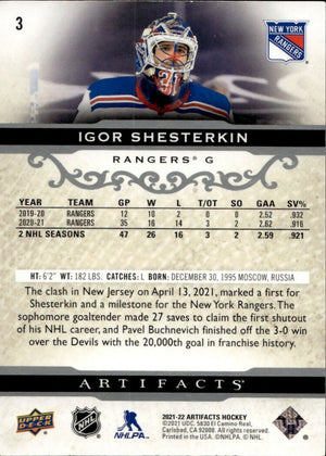 2021-22 Upper Deck Artifacts Hockey - Base #3 Igor Shesterkin - New York Rangers - B