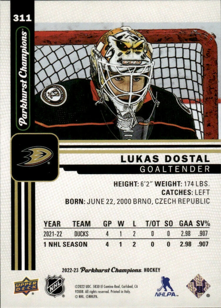 2022-23 Upper Deck Parkhurst Champions - Base #311 Lukas Dostal - Anaheim Ducks