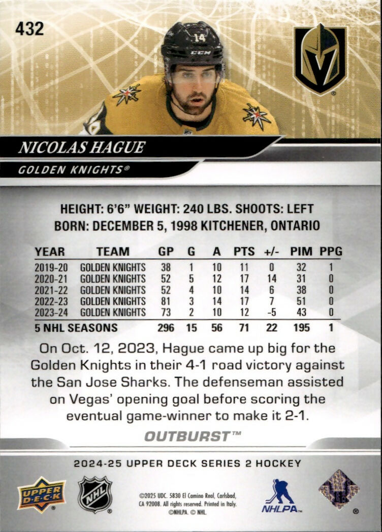 2024-25 Upper Deck Series 2 Hockey - Base - Outburst #432 Nicolas Hague - Vegas Golden Knights - B