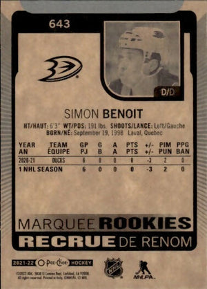 2021-22 Upper Deck O-Pee-Chee Hockey - Base - Marquee Rookies #643 Simon Benoit - Anaheim Ducks