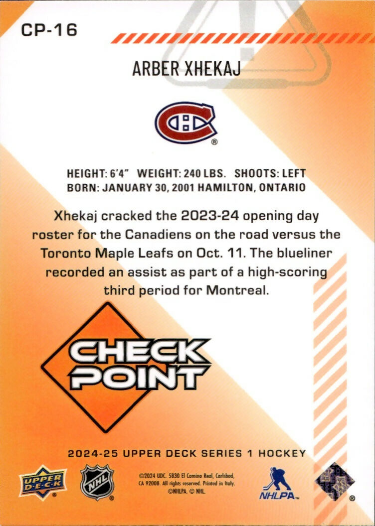 2024-25 Upper Deck Series 1 Hockey - Check Point #CP-16 Arber Xhekaj - Montreal Canadiens - B
