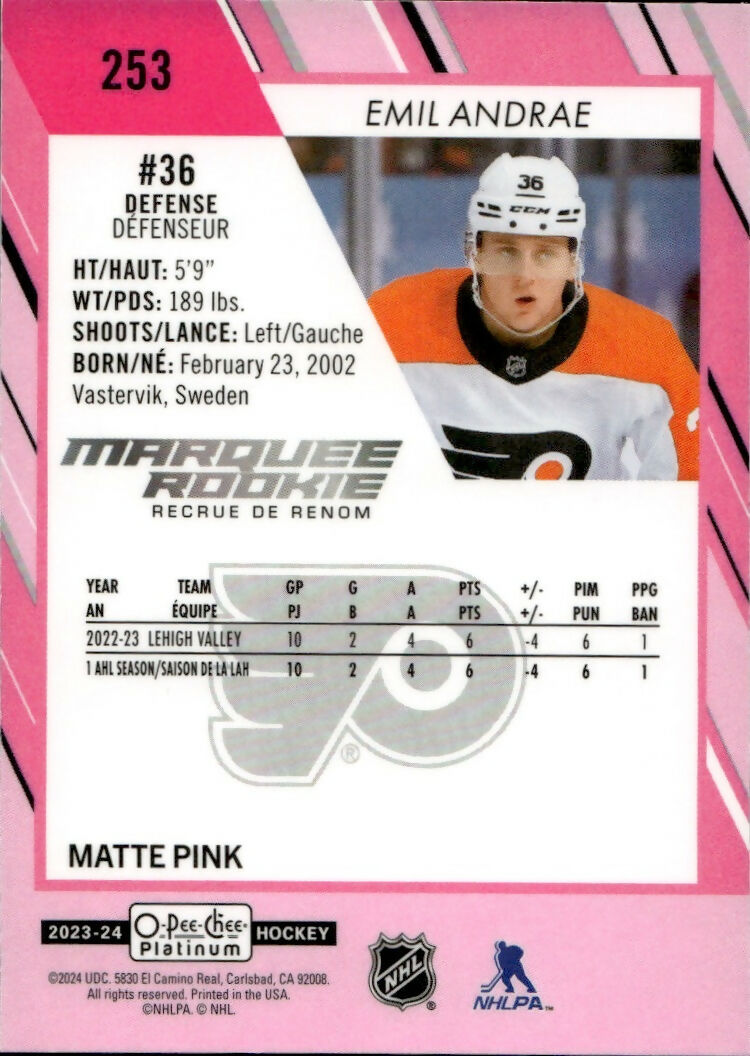 2023-24 Upper Deck O-Pee Chee Platinum Hockey - Base - Marquee Rookie - Matte Pink #253 Emil Andrae - Philadelphia Flyers - B
