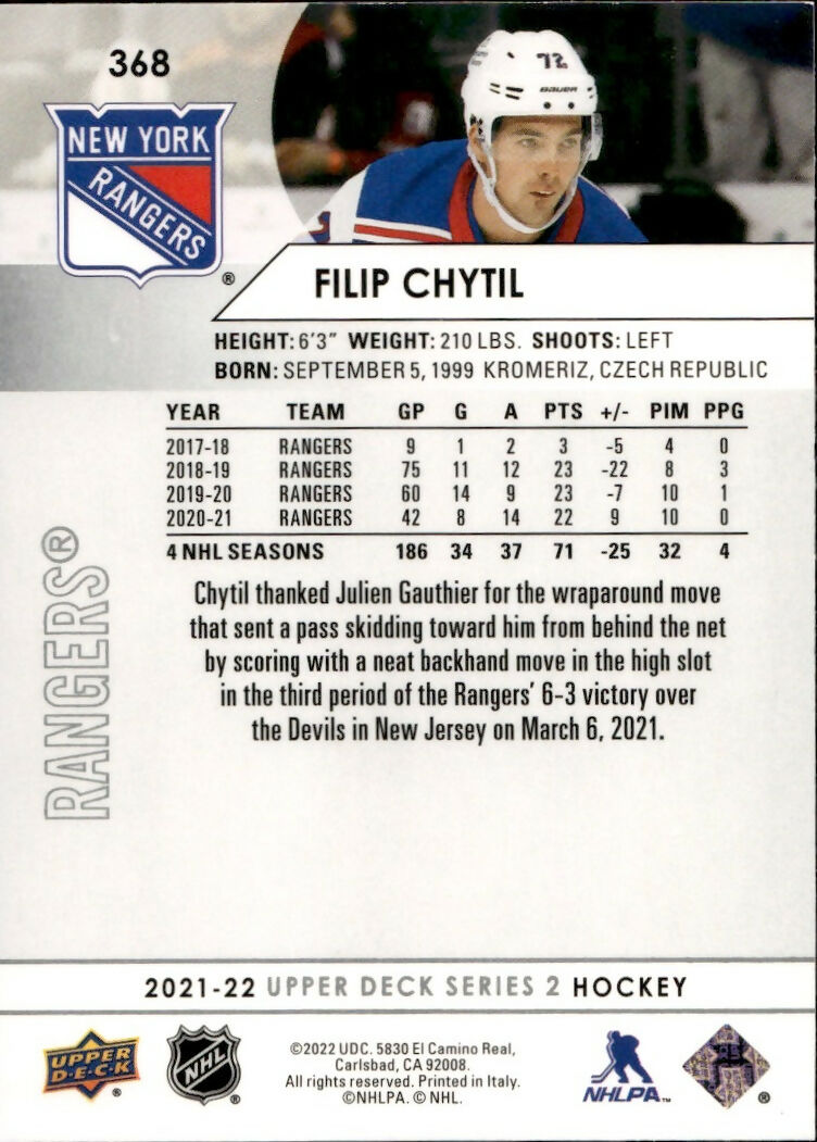 2021-22 Upper Deck Series 2 Hockey - Base #368 Filip Chytil - New York Rangers - B