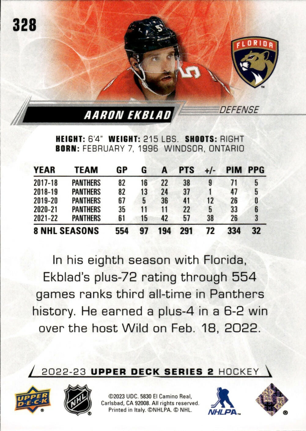 2022-23 Upper Deck Series 2 Hockey - Base #328 Aaron Ekblad - Florida Panthers