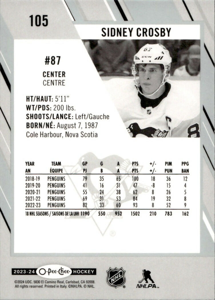 2023-24 Upper Deck O-Pee-Chee Hockey - Base #105 Sidney Crosby - Pittsburgh Penguins - B