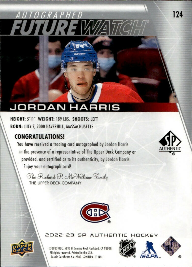 2022-23 Upper Deck SP Authentic Hockey - Base - Future Watch Auto :999 #124 Jordan Harris - Montreal Canadiens - B