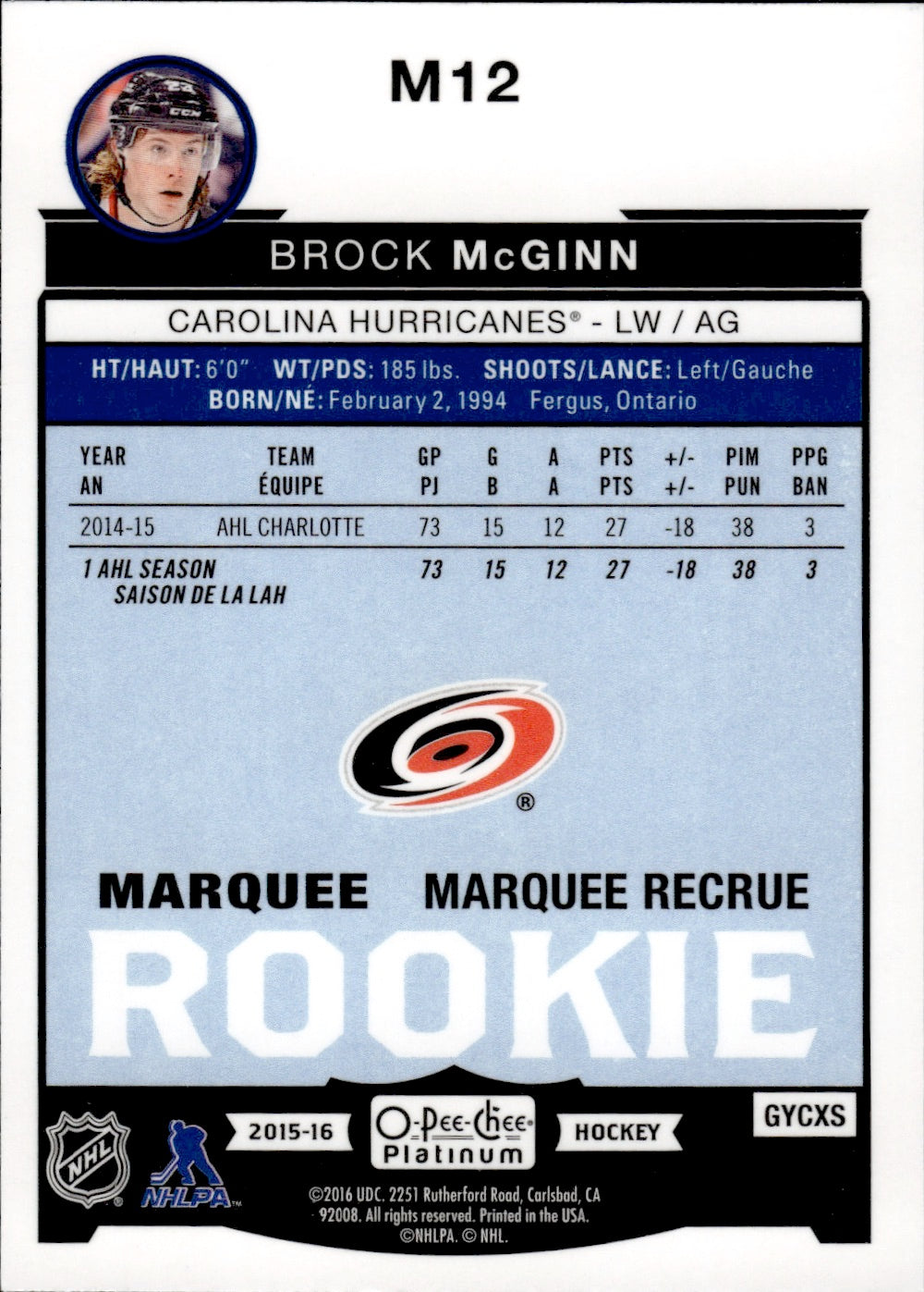 2015-16 O-Pee-Chee Platinum Hockey - Base - Marquee Rookies #M12 Brock McGinn - Carolina Hurricanes