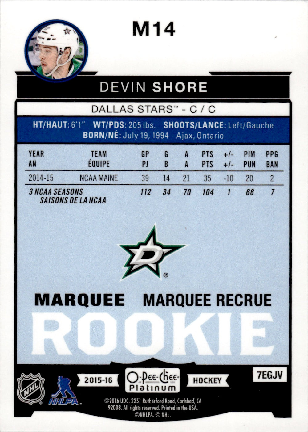 2015-16 O-Pee-Chee Platinum Hockey Marquee Rookies #M14 Devin Shore - Dallas Stars