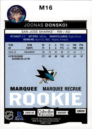 2015-16 O-Pee-Chee Platinum Hockey Marquee Rookies #M16 Joonas Donskoi - San Jose Sharks