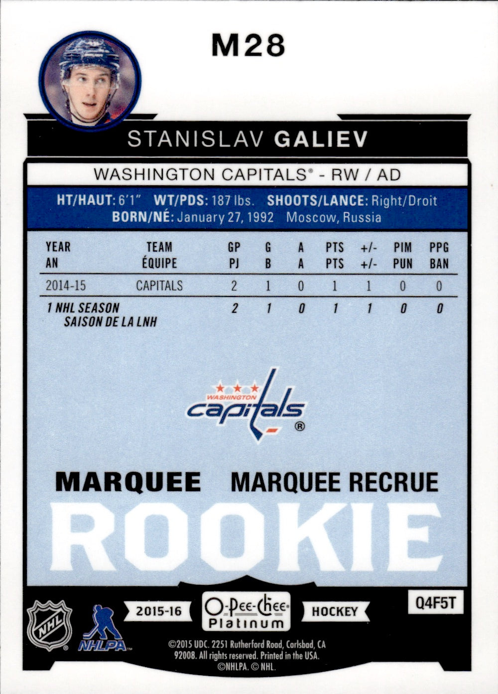 2015-16 O-Pee-Chee Platinum Hockey Marquee Rookies #M28 Stanislav Galiev - Washington Capitals