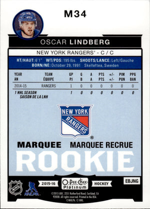 2015-16 O-Pee-Chee Platinum Hockey Marquee Rookies #M34 Oscar Lindberg - New York Rangers