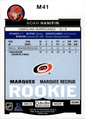 2015-16 O-Pee-Chee Platinum Hockey Marquee Rookies #M41 Noah Hanifin - Carolina Hurricanes