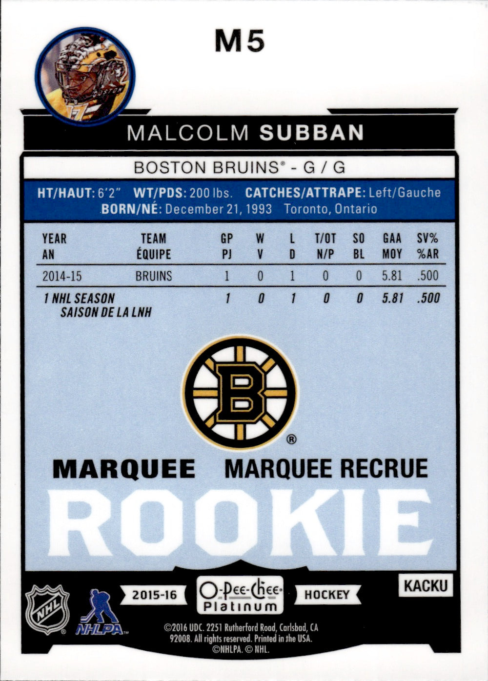 2015-16 O-Pee-Chee Platinum Hockey Marquee Rookies #M5 Malcolm Subban - Boston Bruins