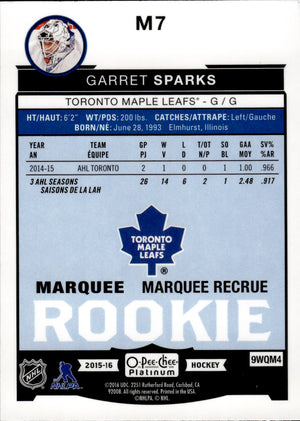 2015-16 O-Pee-Chee Platinum Hockey Marquee Rookies #M7 Garret Sparks - Toronto Maple Leafs