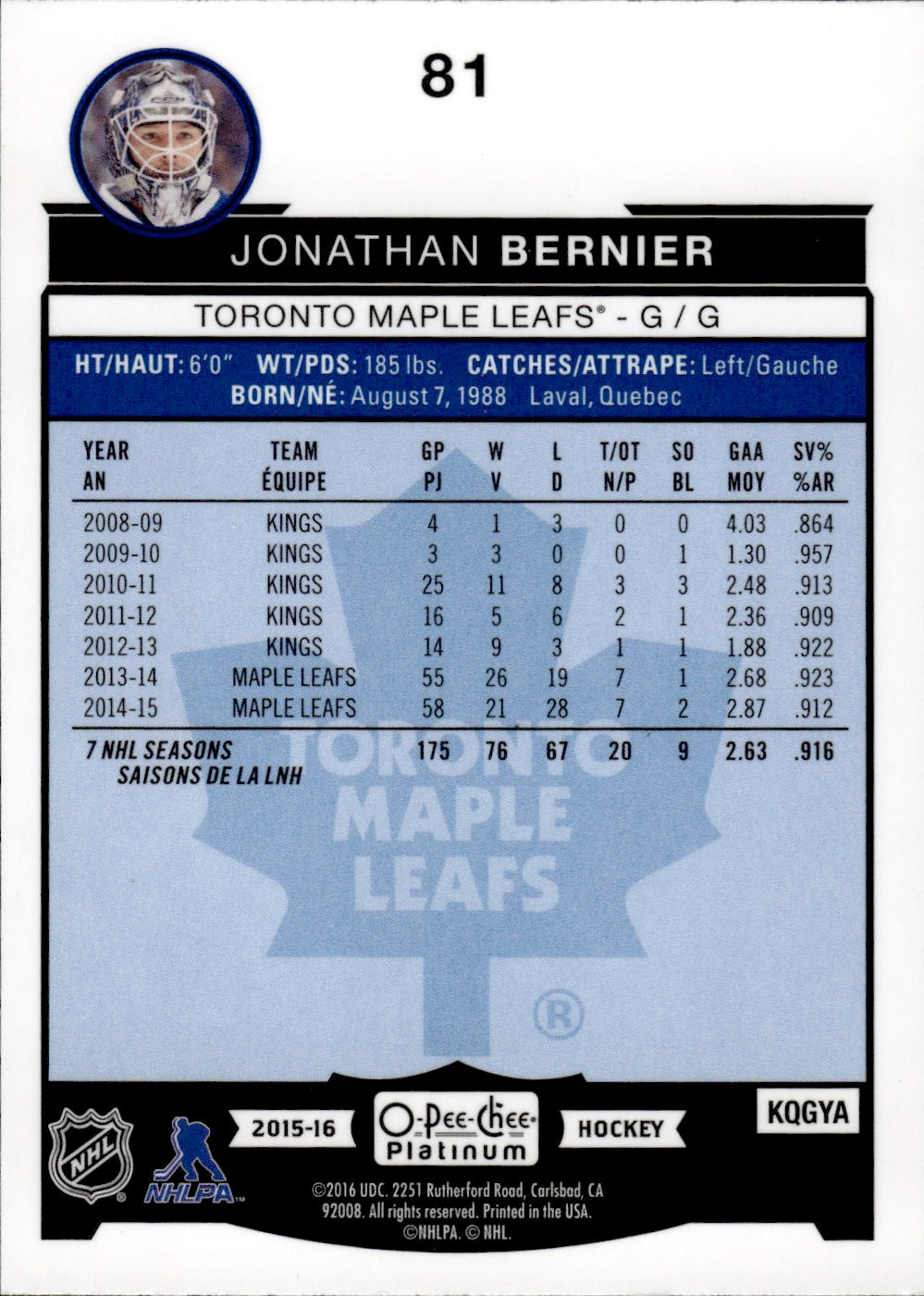 2015-16 O-Pee-Chee Platinum Hockey - Base #81 Jonathan Bernier - Toronto Maple Leafs