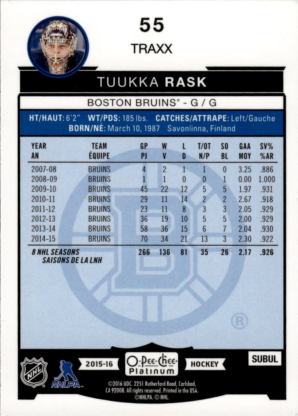 2015-16 Upper Deck O-Pee-Chee Platinum Hockey - Base - Traxx  #55 Tuukka Rask - Boston Bruins