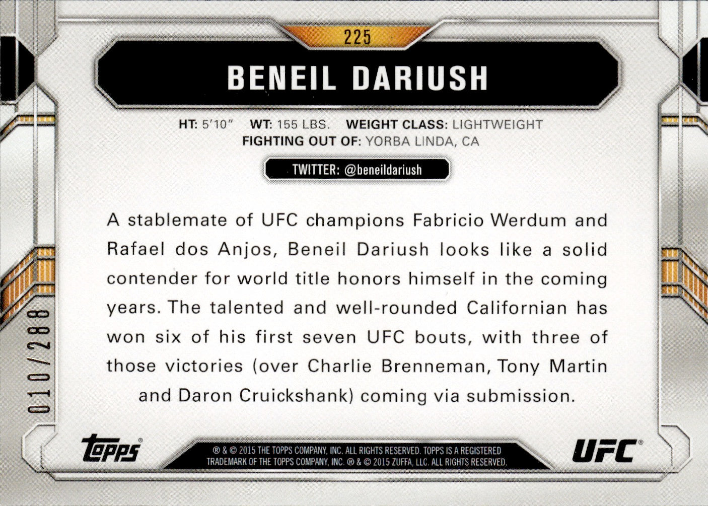 2015 Topps UFC Chronicles Green /288 #225 Beneil Dariush - Lightweight