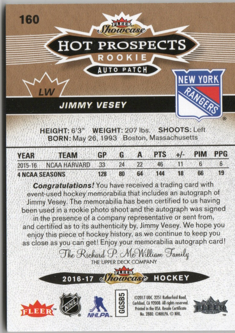 2016-17 Upper Deck Fleer Showcase - Hot Prospects - Rookie Auto Patch /135 #160 Jimmy Vesey - New York Rangers