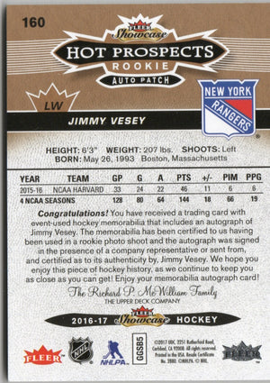 2016-17 Upper Deck Fleer Showcase - Hot Prospects - Rookie Auto Patch /135 #160 Jimmy Vesey - New York Rangers