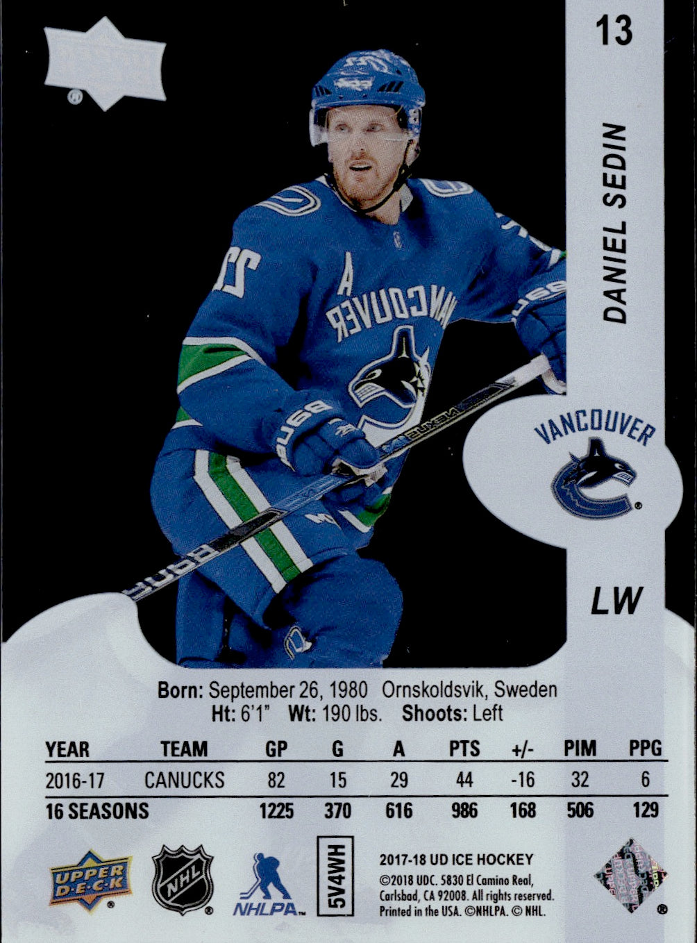 2017-18 Upper Deck Ice Hockey Base #13 Daniel Sedin - Vancouver Cunucks