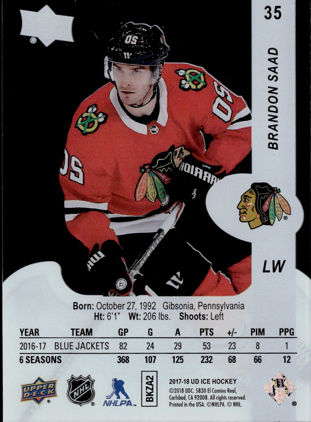 2017-18 Upper Deck Ice Hockey Base #35 Brandon Saad - Chicago Blackhawks