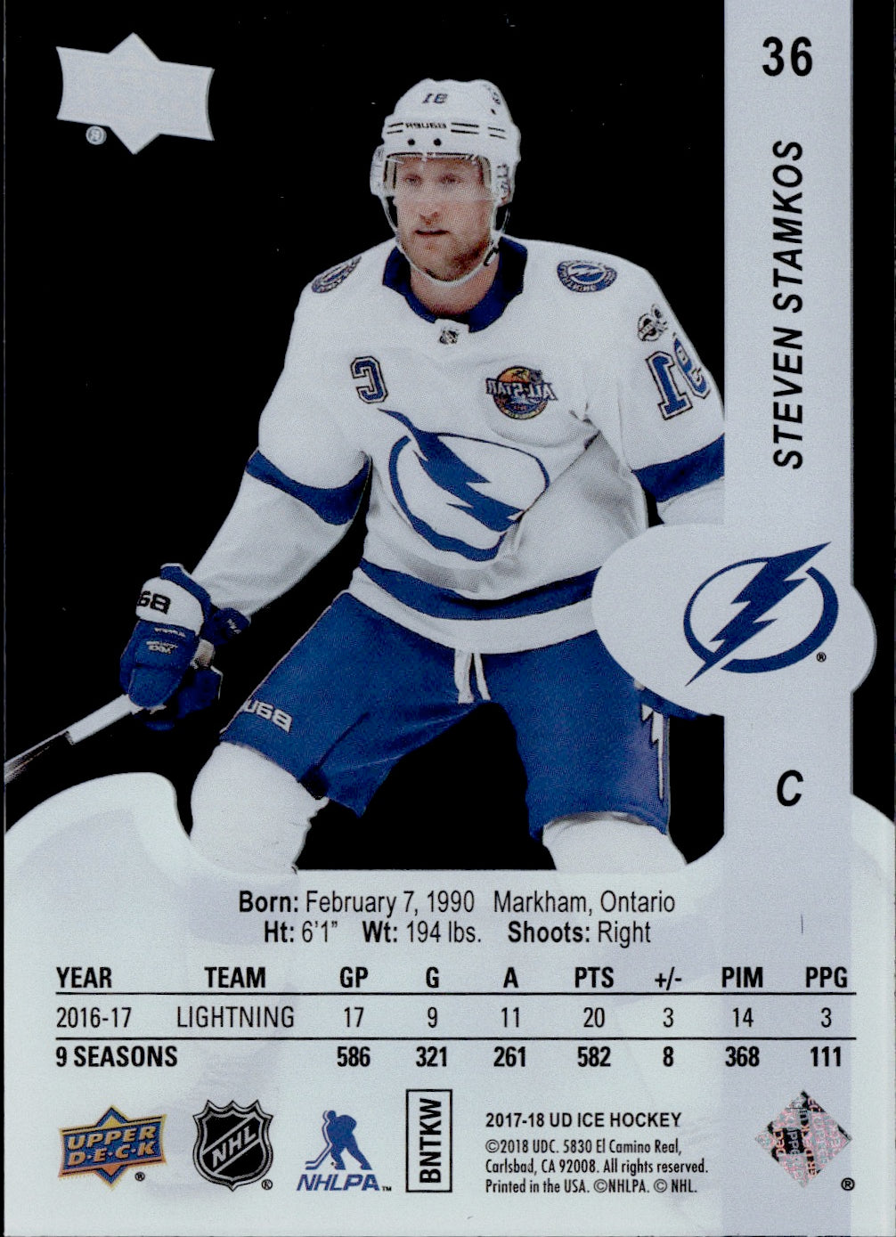 2017-18 Upper Deck Ice Hockey Base #36 Steven Stamkos - Tampa Bay Lightning