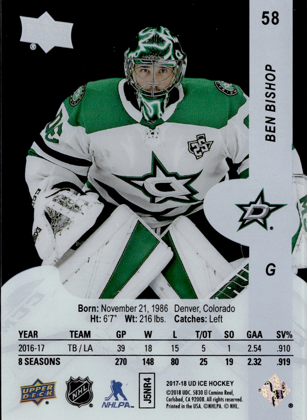 2017-18 Upper Deck Ice Hockey Base #58 Ben Bishop - Dallas Stars