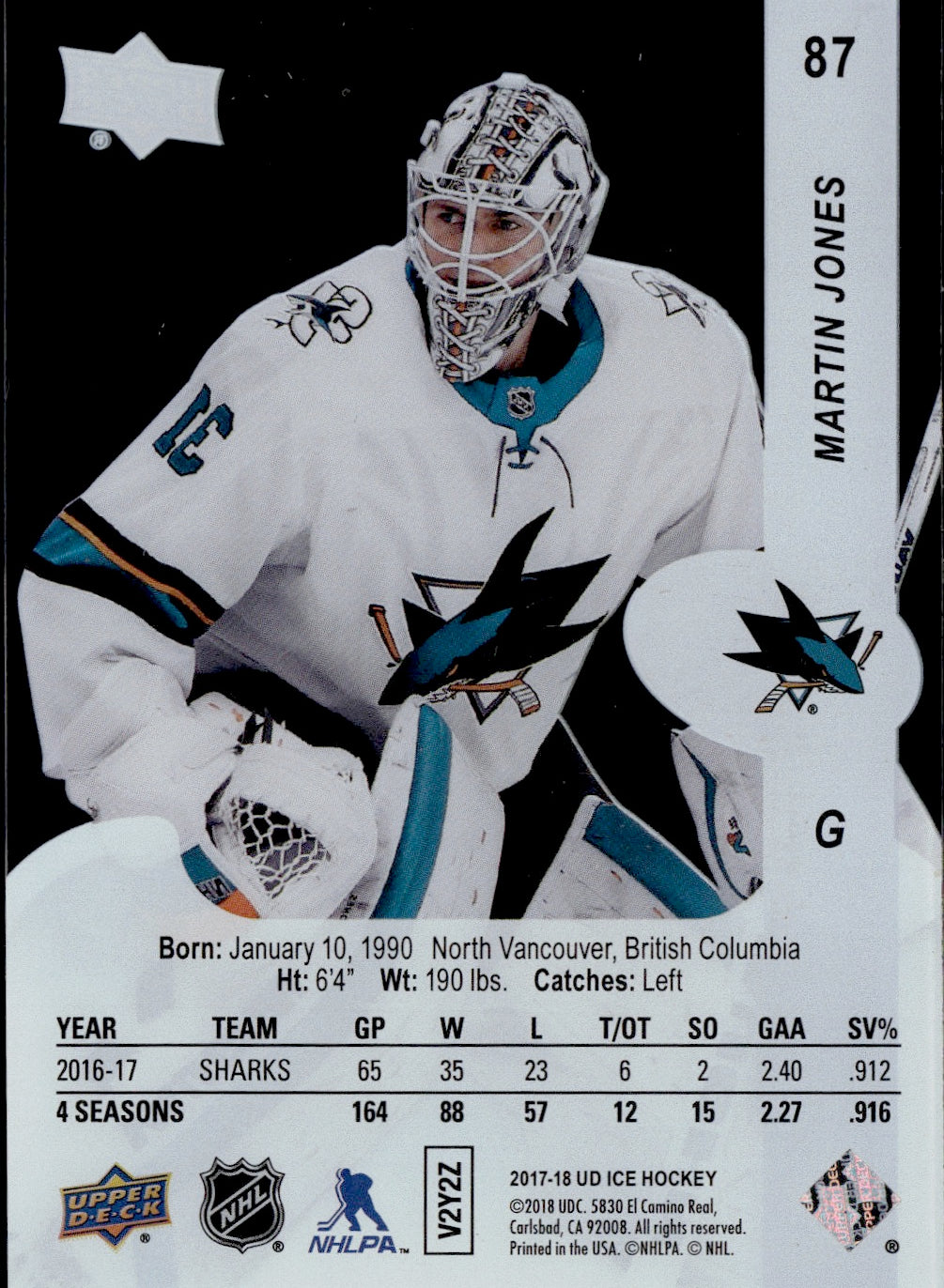 2017-18 Upper Deck Ice Hockey Base #87 Martin Jones - San Jose Sharks