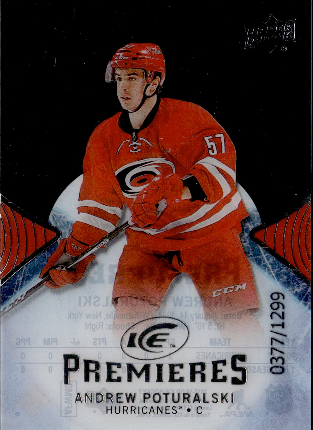 2017-18 Upper Deck Ice Hockey Ice Premiers /1299 #116 Andrew Poturalski - Carolina Hurricanes