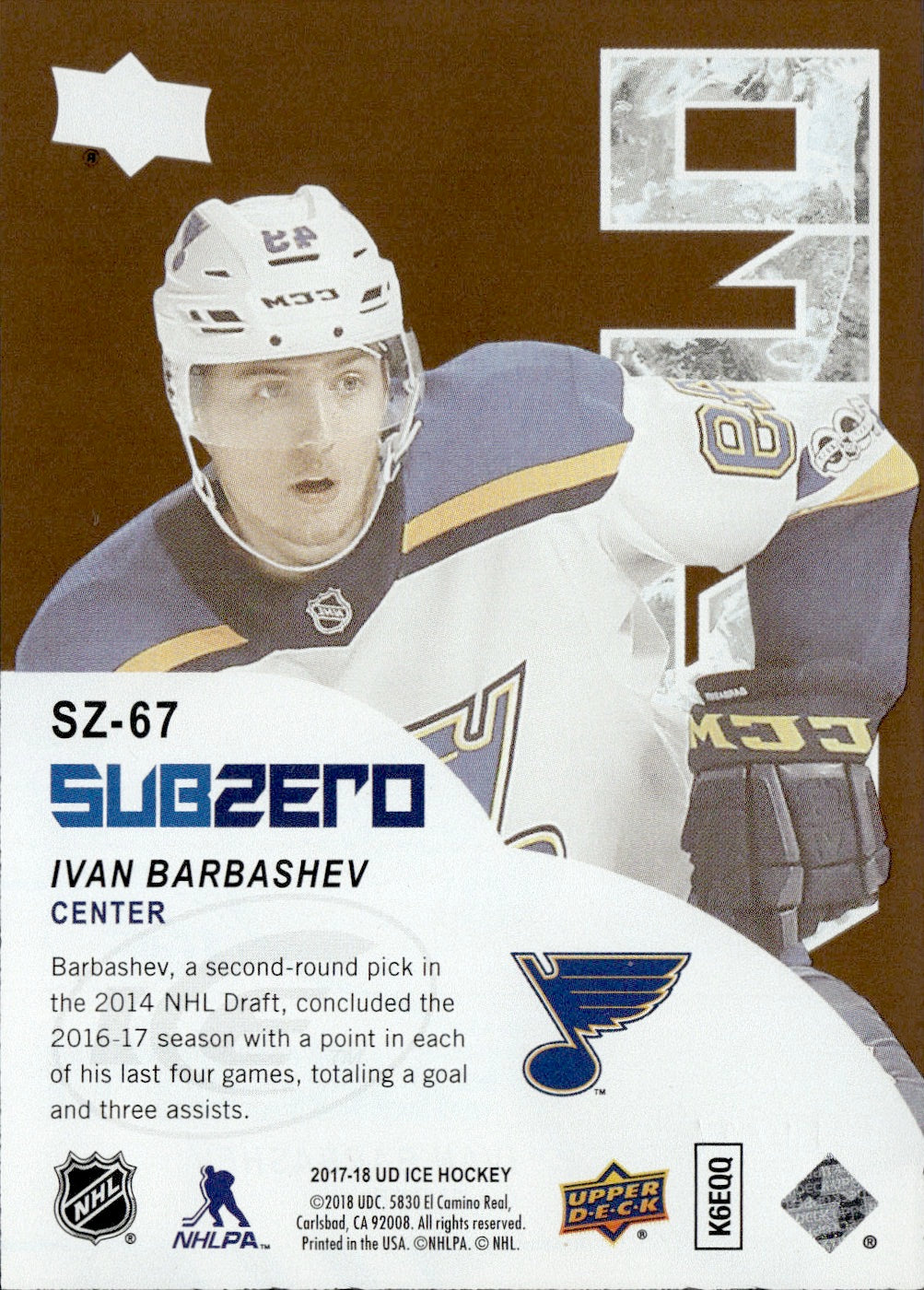 2017-18 Upper Deck Ice Hockey Sub Zero Rookie /24 #SZ-67 Ivan Barbashev - St Louis Blues