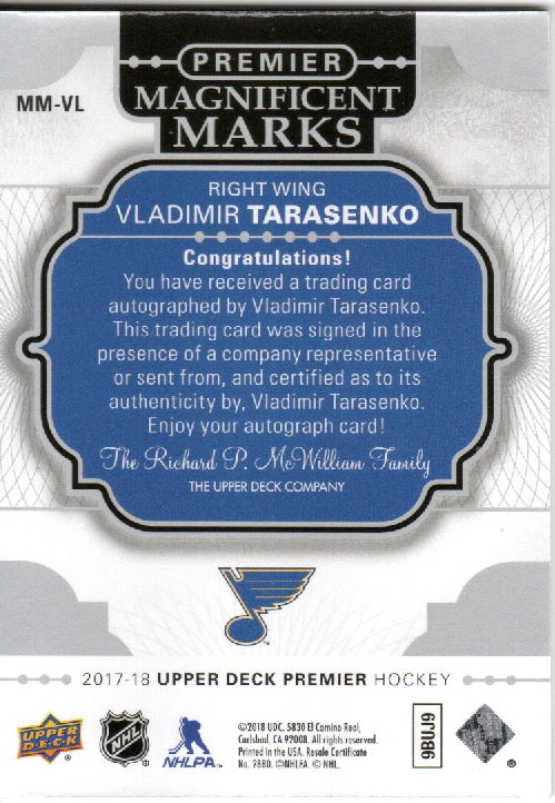 2017-18 Upper Deck Premier Hockey - Magnificent Marks #MM-VL Vladimir Tarasenko - St. Louis Blues