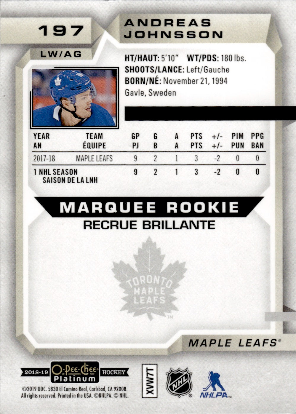 2018-19 O-Pee-Chee Platinum Hockey Marquee Rookies #197 Andreas Johnsson - Toronto Maple Leafs