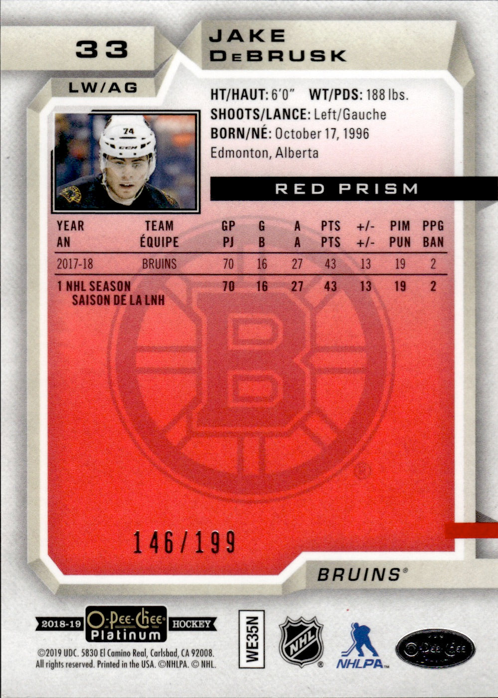 2018-19 O-Pee-Chee Platinum Hockey Red Prizm /199 #33 Jake Debrusk - Boston Bruins