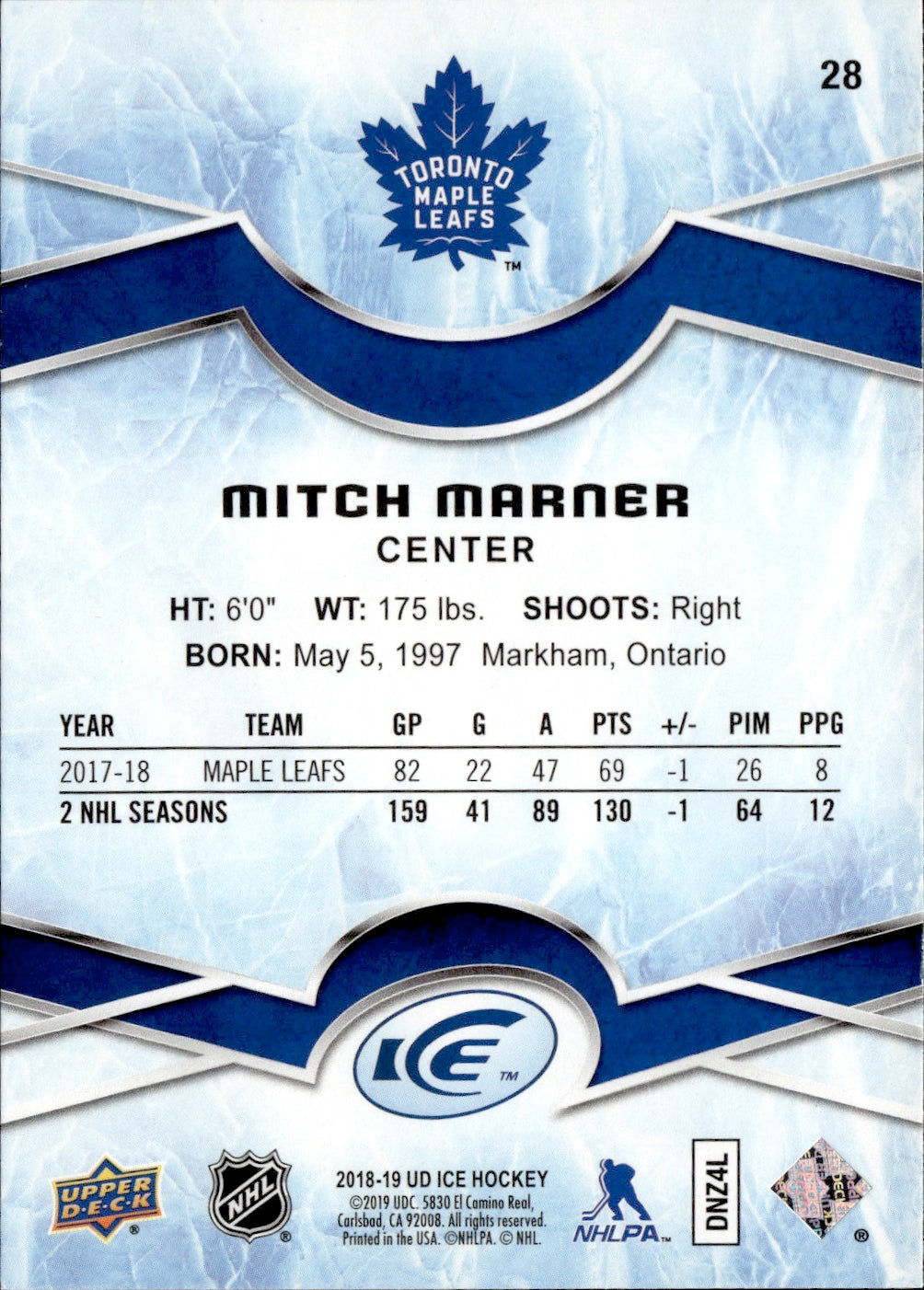 2018-19 Upper Deck Ice Hockey Base #28 Mitch Marner - Toronto Maple Leafs