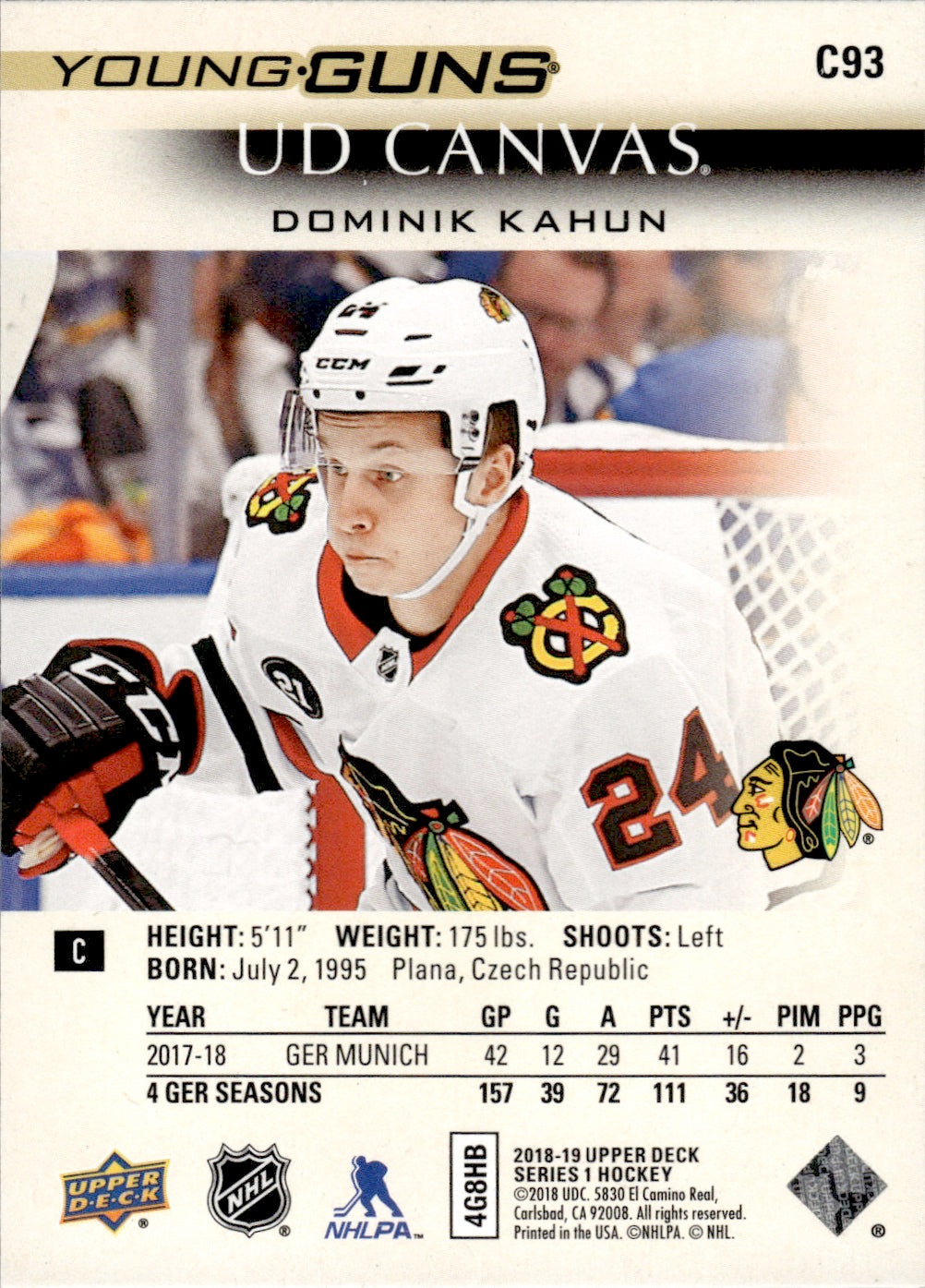 2018-19 Upper Deck Series 1 Hockey - Base - Young Guns Canvas #C93 Dominik Kahun - Chicago Blackhawks