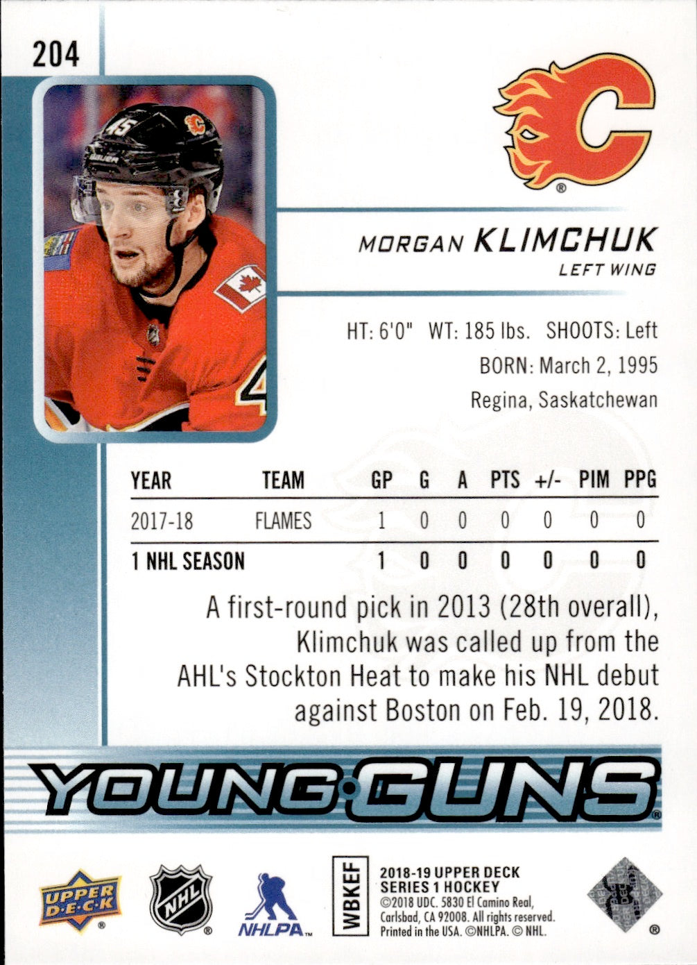 2018-19 Upper Deck Series 1 Hockey - Base - Young Guns #204 Morgan Klimchuk - Calgary Flames