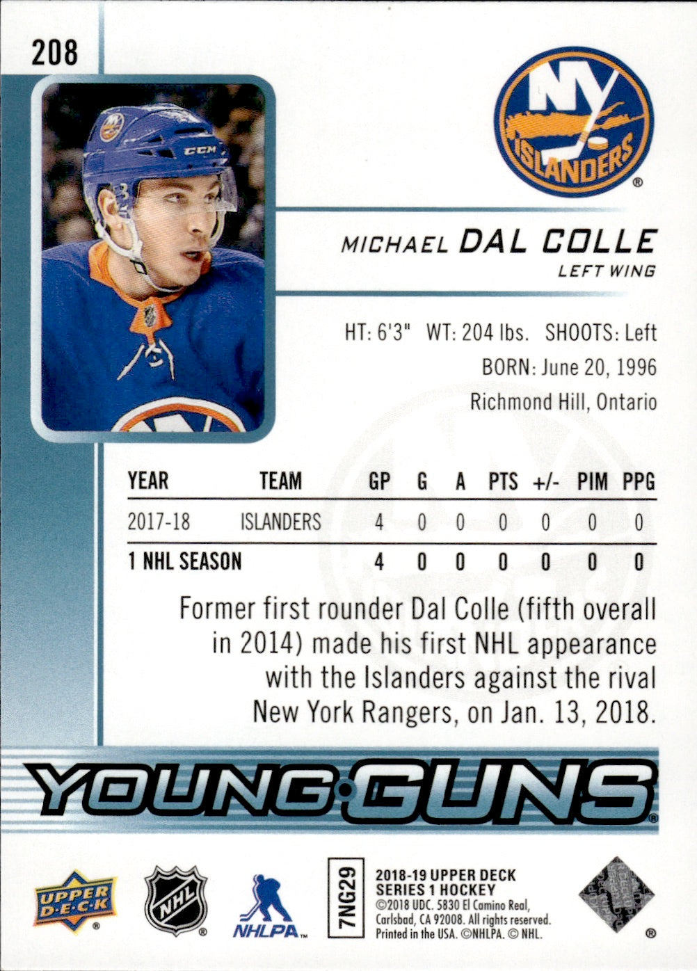 2018-19 Upper Deck Series 1 Hockey - Base - Young Guns #208 Michael Dal Colle - New York Islanders