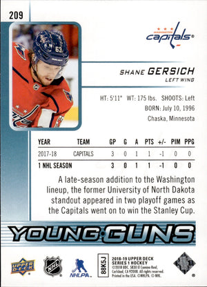 2018-19 Upper Deck Series 1 Hockey - Base - Young Guns #209 Shane Gersich - Washington Capitals