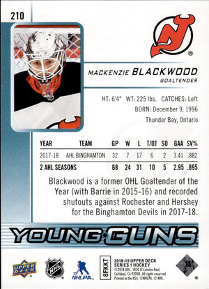 2018-19 Upper Deck Series 1 Hockey - Base - Young Guns #210 Mackenzie Blackwood - New Jersey Devils